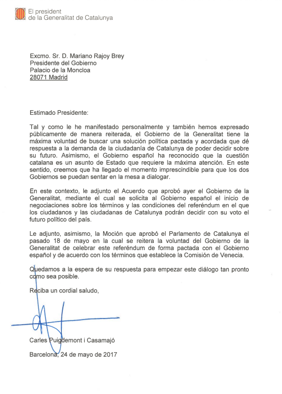 Carta del president Puigdemont adreçada a Rajoy per demanar-li acordar el referèndum