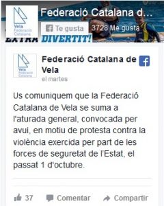 Adhesió de la Federació Catalana de Vela a l'aturada de país