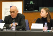 Ferran Suay durant la seva intervenció davant la Comissió de l'Intergrup de Minories Tradicionals, Comunitats Nacionals i Llengües, del Parlament Europeu, per tal d'explicar la situació lingüística al País Valencià