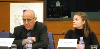 Ferran Suay durant la seva intervenció davant la Comissió de l'Intergrup de Minories Tradicionals, Comunitats Nacionals i Llengües, del Parlament Europeu, per tal d'explicar la situació lingüística al País Valencià