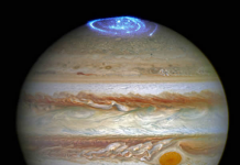 Aurores impressionants en l'atmosfera de Júpiter. Fotografia presa pel telescopi espacial Hubble el 30 de juny de 2016 (NASA/ESA/Hubble)
