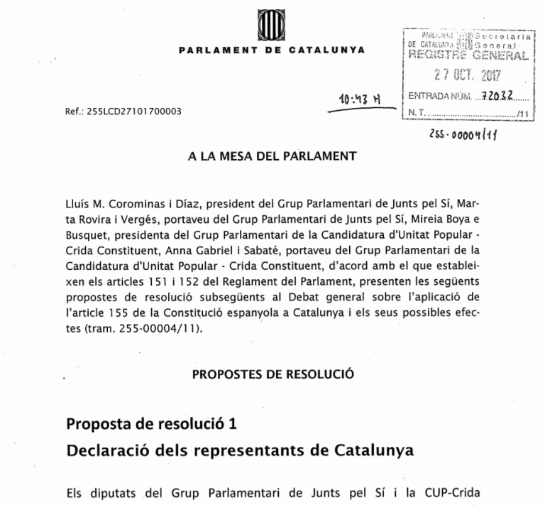 Les propostes de resolució conjuntes de JxSí i la CUP per desplegar la República i el Procés Constituent
