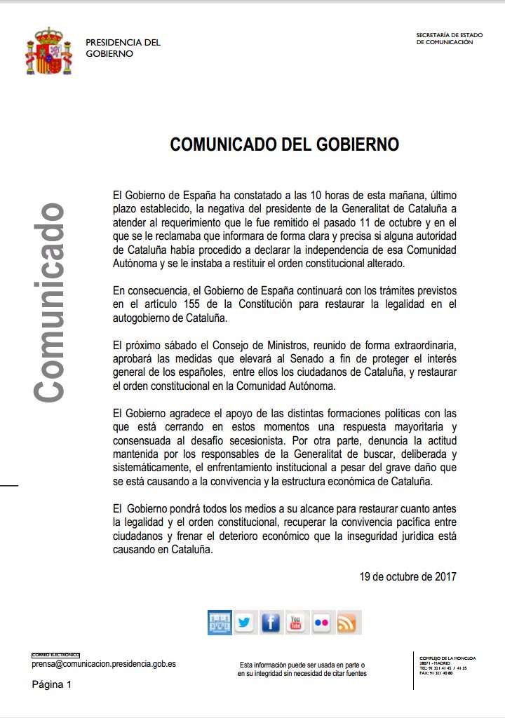 Carta del Gobierno de España en resposta a la segona carta de Carles Puigdemont