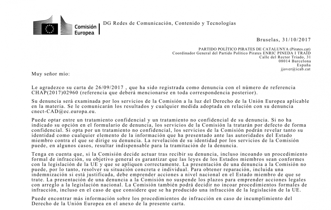 Resposta de la Comissió Europea a la denuncia de Pirates | Pirates de Catalunya