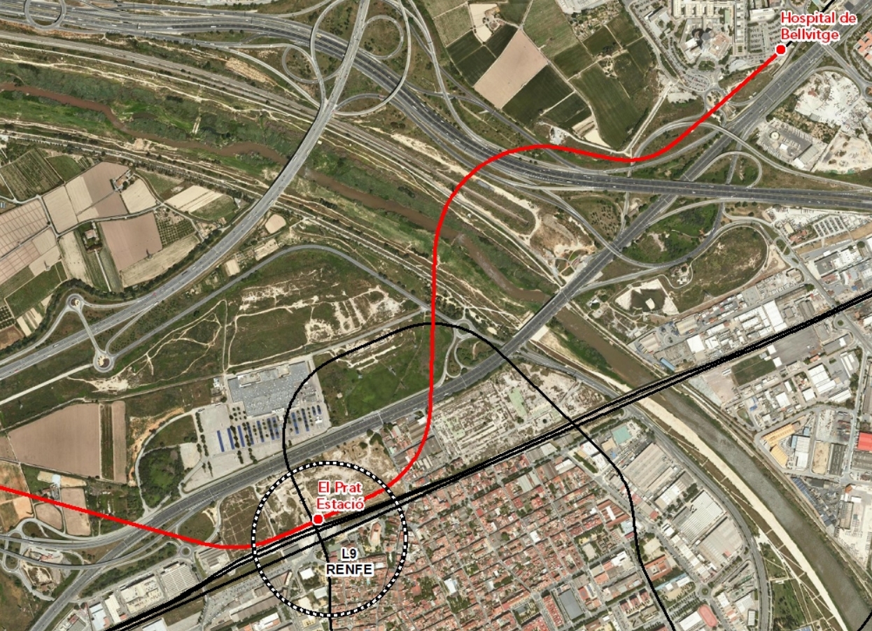 Traçat i nova estació del perllongament de la L1 des de l'Hospital de Bellvitge fins al Prat