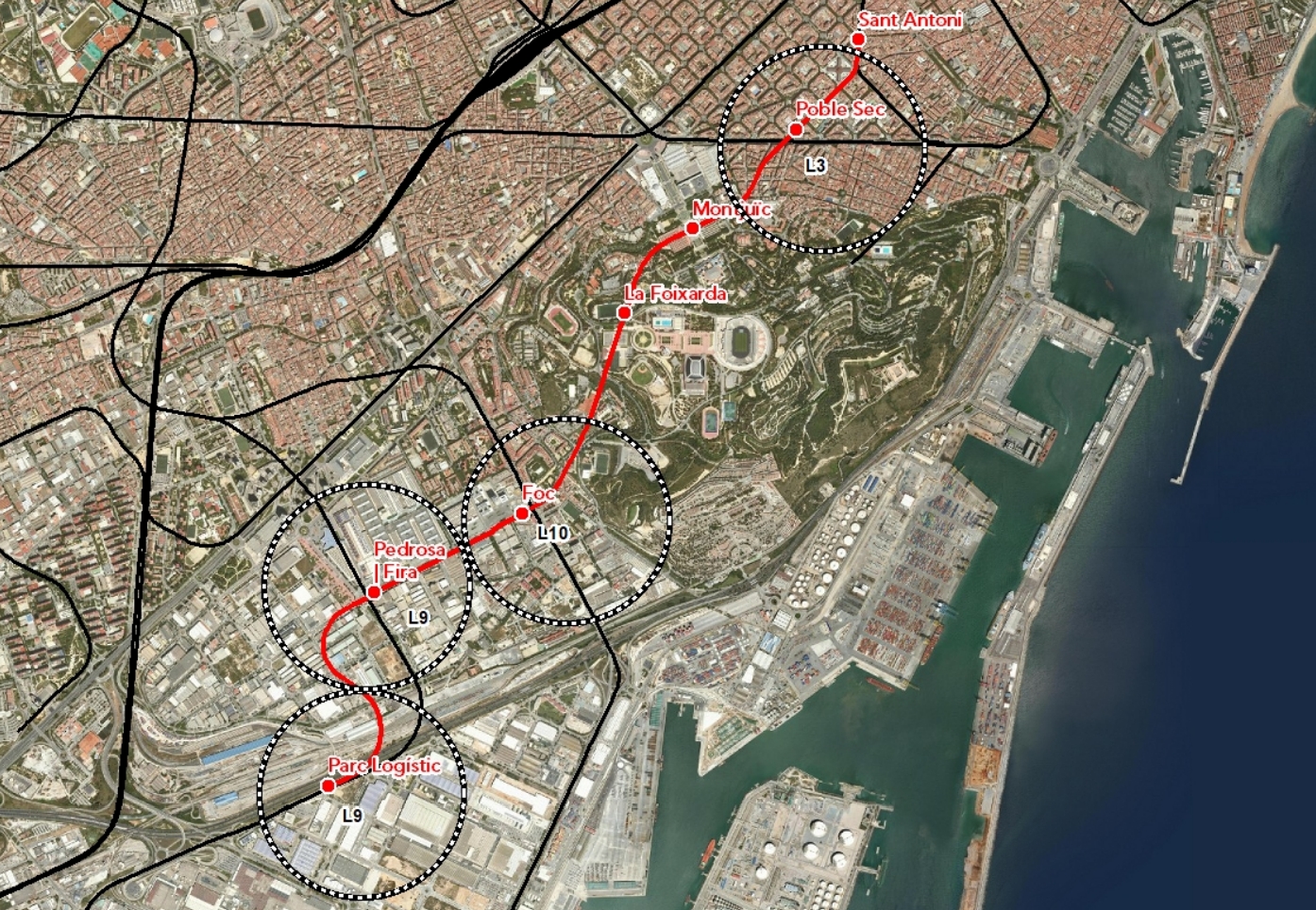 Traçat i noves estacions del perllongament de la L2 des de Sant Antoni fins a l'actual estació de Parc Logístic de la L9