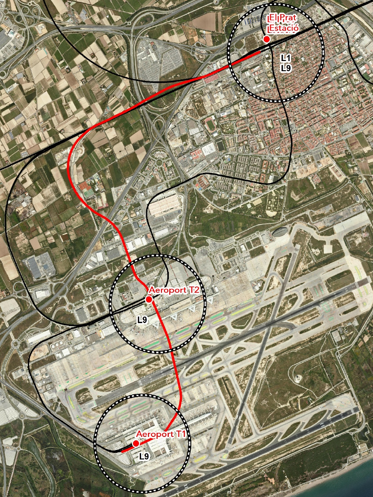 Traçat del nou ramal a l'Aeroport del Prat en execució des del 2015