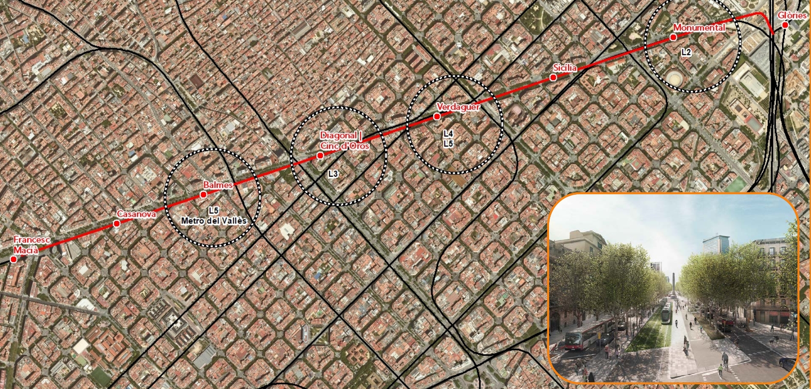 Traçat de la unió de les dues xarxes de tramvia de Barcelona per la Diagonal