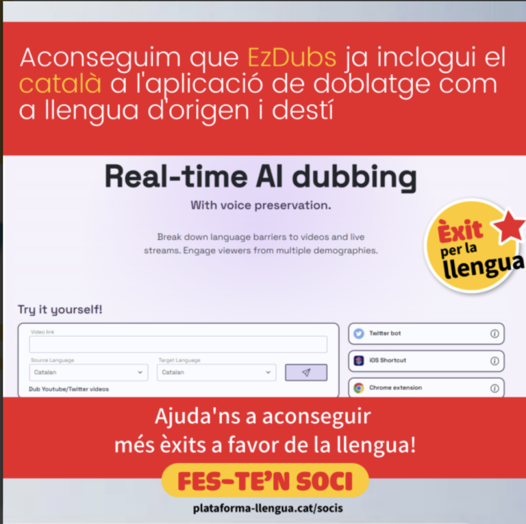 El català s’incorpora a EzDubs, una aplicació web de doblatge automàtic simultani i en diferit